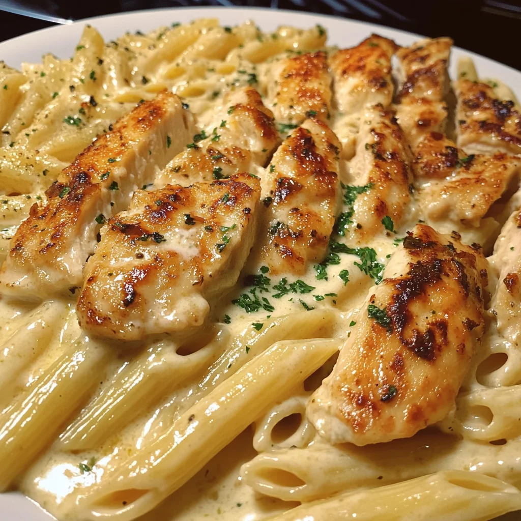 Creamy Garlic Parmesan Chicken Penne Pasta with Alfredo Sauce