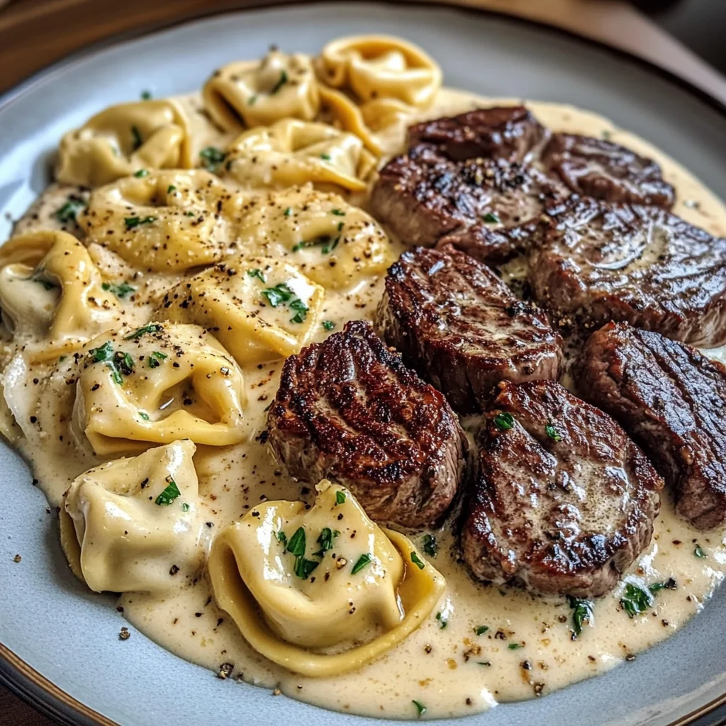 Creamy Garlic Steak Tortellini with Cheddar Parmesan Alfredo