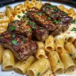 Garlic Butter Steak Tips and Creamy Mozzarella Rigatoni