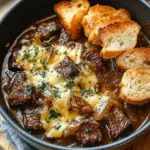 French Onion Beef Stew with Cheesy Bread Topping: A Cozy Gourmet Delight