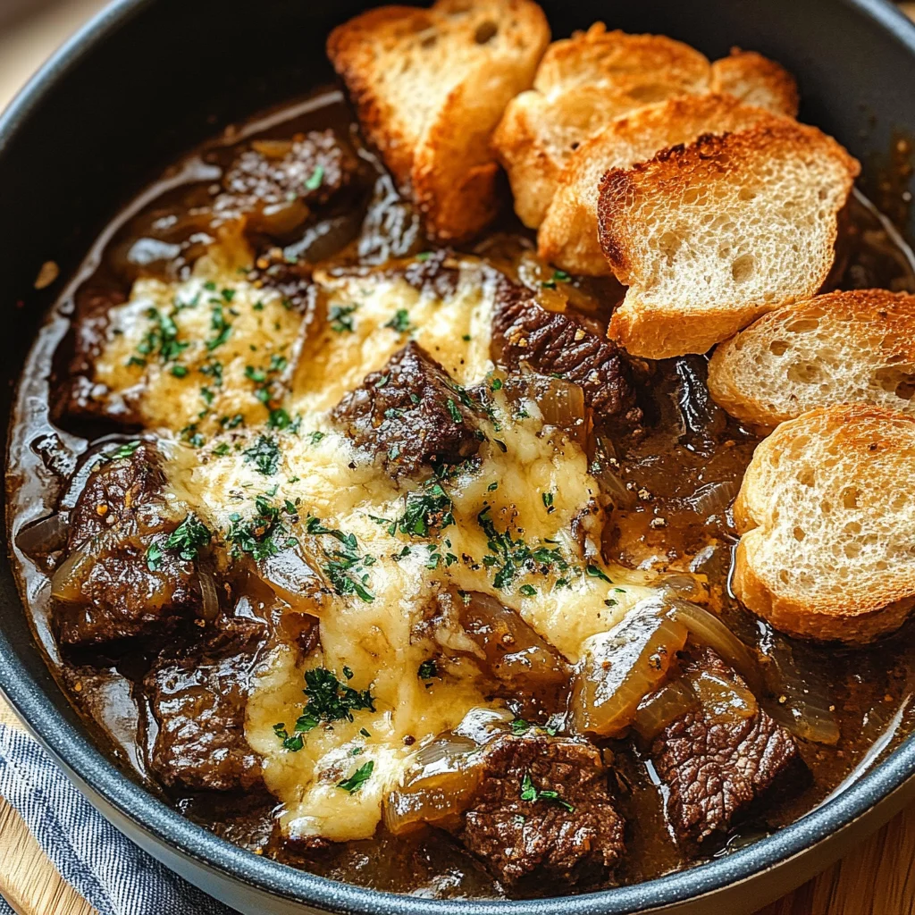 French Onion Beef Stew with Cheesy Bread Topping: A Cozy Gourmet Delight