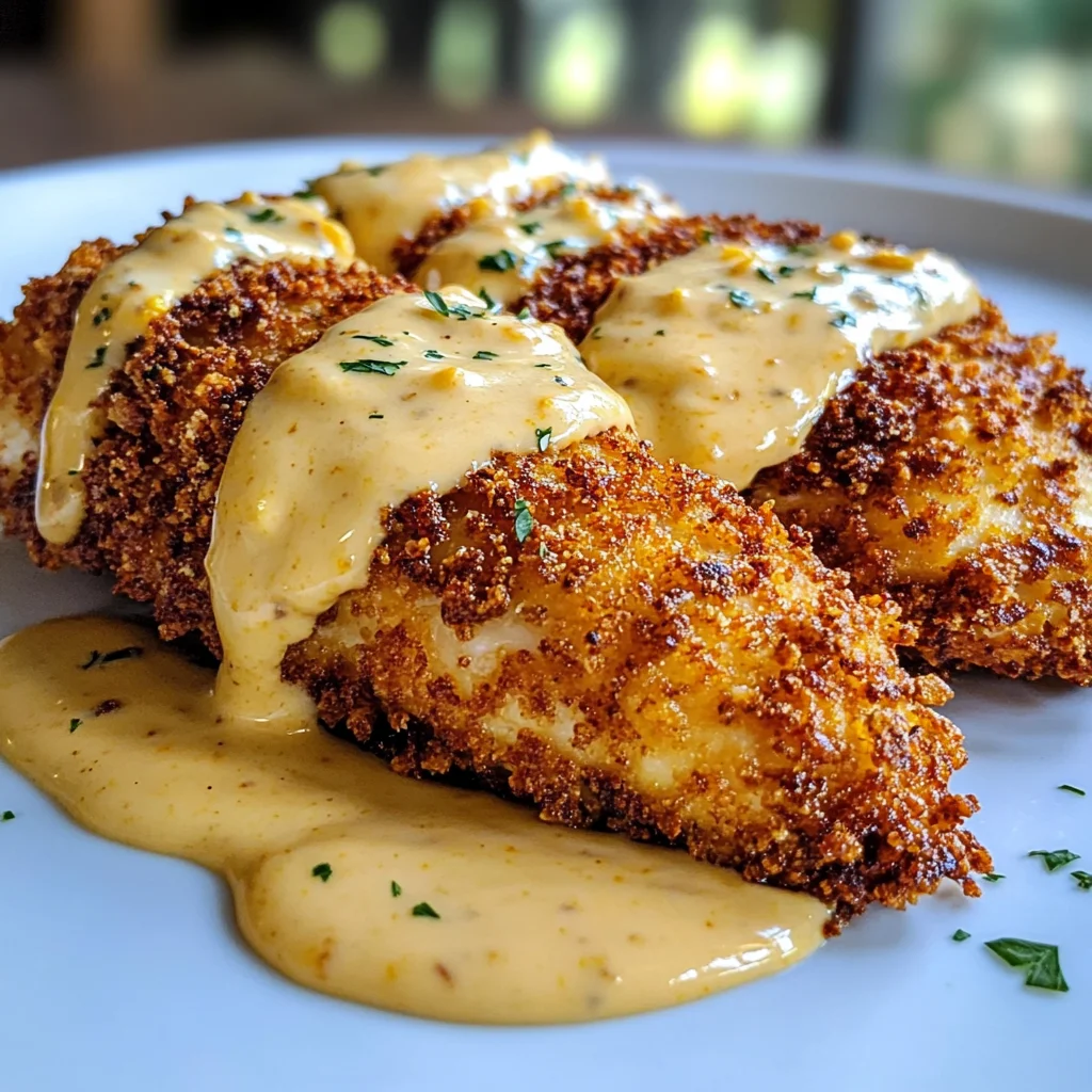 Savory Pretzel Chicken with Mustard-Cheddar Sauce Delight