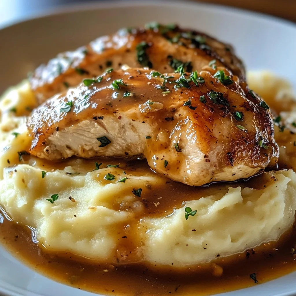 Chicken and Garlic Gravy with Cheesy Mashed Potatoes