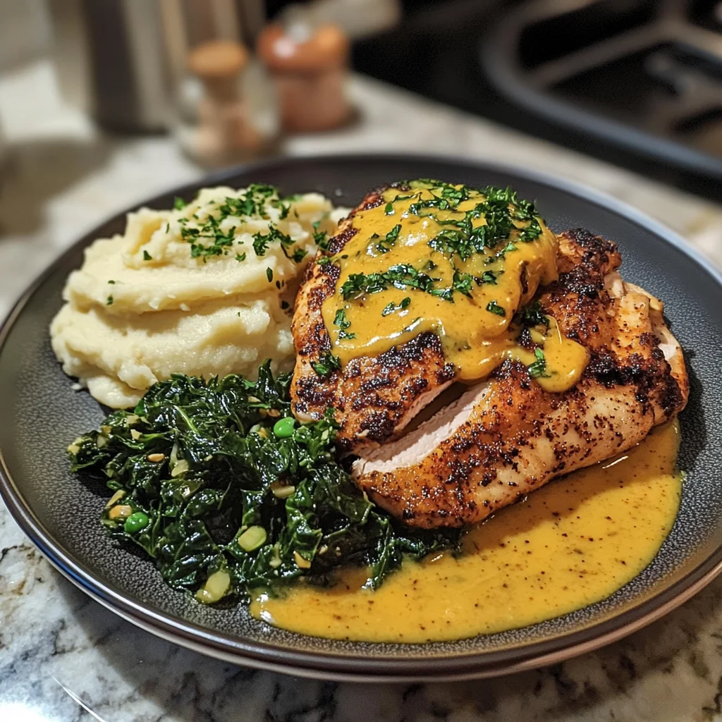 Blackened Chicken with Cheesy Collard Greens
