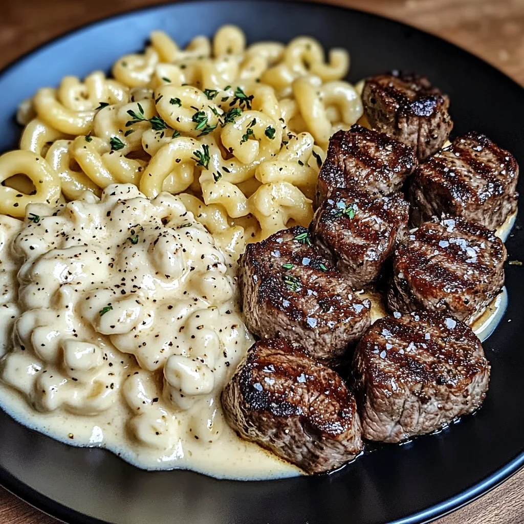 Garlic Butter Steak Bites with Macaroni Alfredo