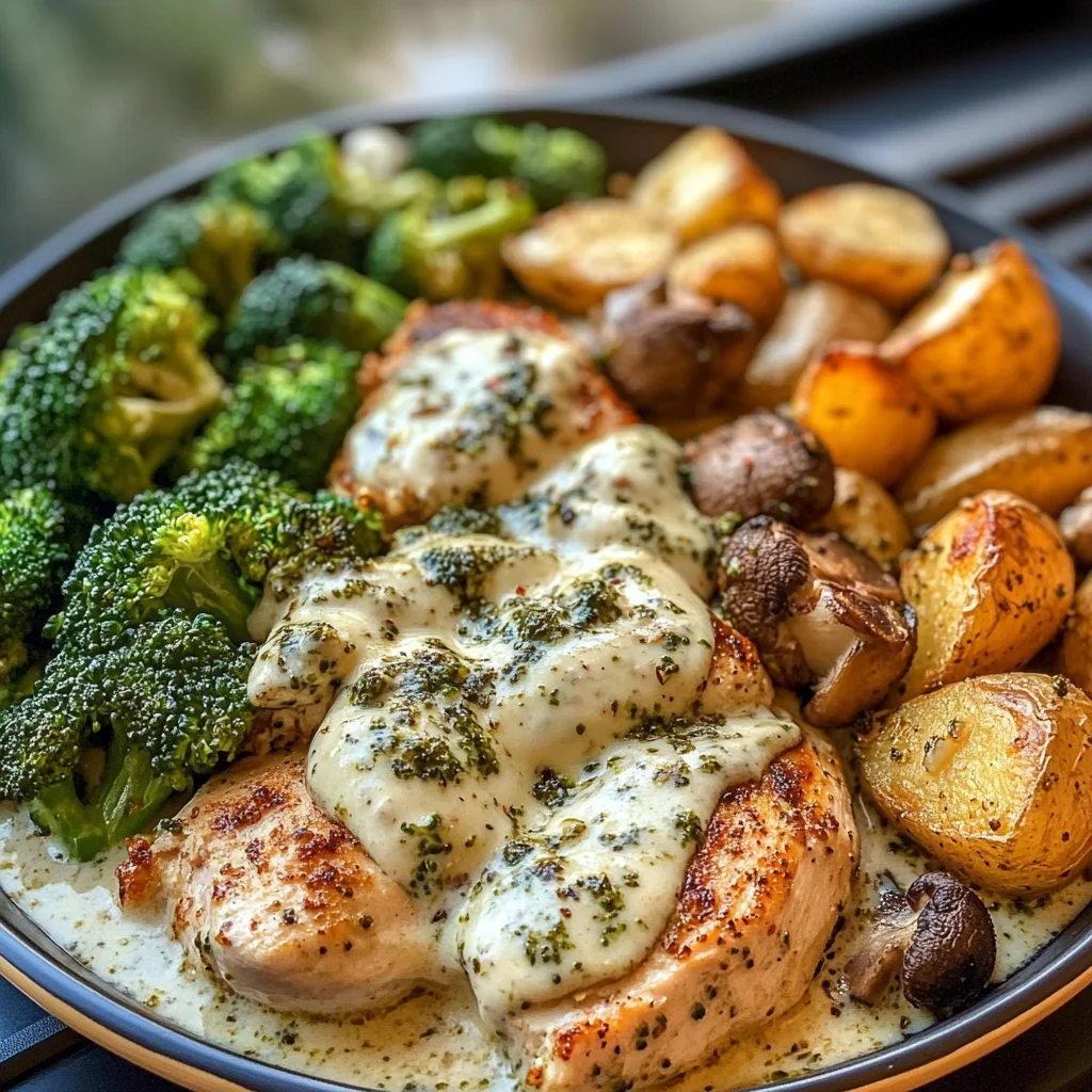 Spicy Tuscan Chicken Alfredo with Roasted Broccoli